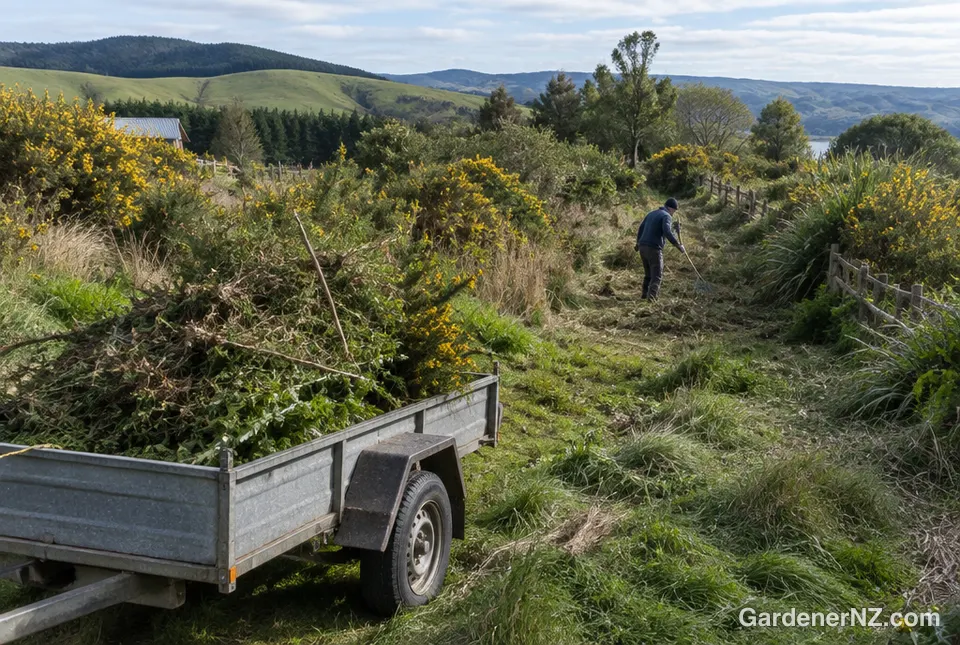 A trailer full of green waste while an overgrown back section is cleared